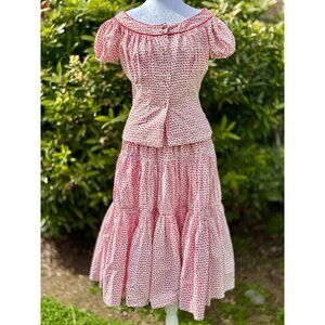 Vintage 1950s Short Sleeve Blouse And Full Circle Skirt Set In Red Apple Novelty